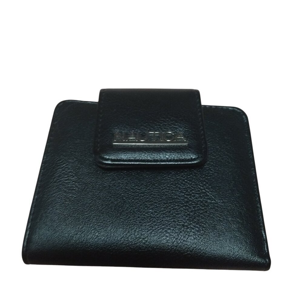 Nautica Navy Blue Bifold Wallet Logo Flap Snap Closure Leather Classic